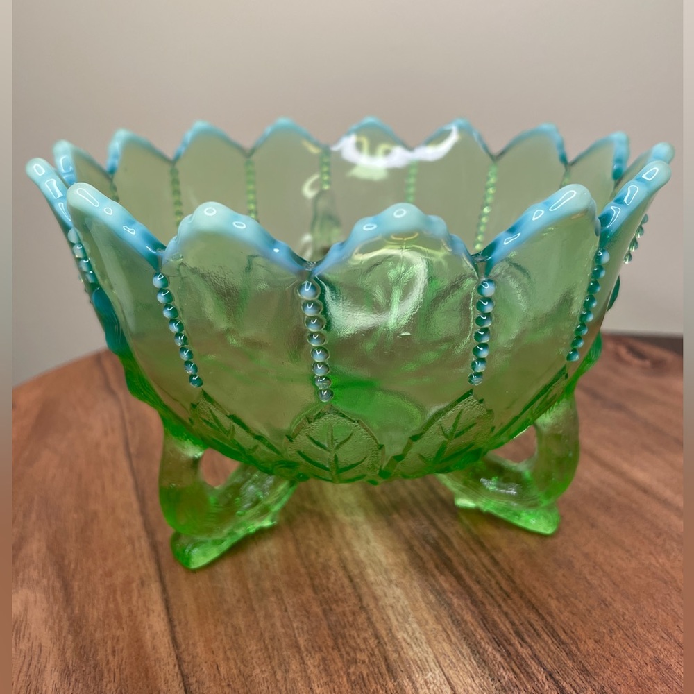 Northwood Leaves and Beads green opalescent glass three-footed bowl